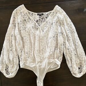 Express Women's White Eyelet Bodysuit Lined Blouse